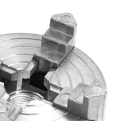 Close-up of Heavy Duty 4 Jaw Independent Metal Lathe Chuck With Thread Mount Replacement Accessory for Mini Lathes showing adjustment screws.