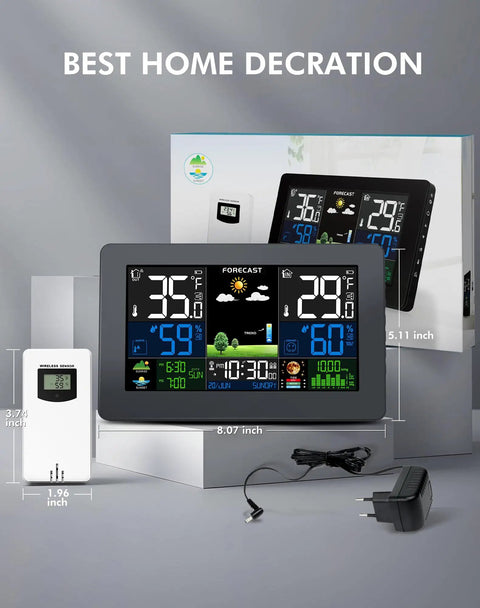 Weather Station Wireless Indoor Outdoor Digital Thermometer With Remote Sensor 7.5 Inch HD Display showing forecasts and time