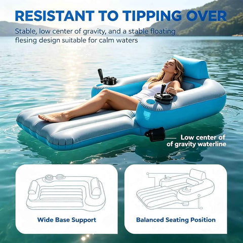 Rechargeable Dual Motor Electric Pool Lounger Inflatable Water Float on calm water with storage compartments.