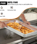 Six Pack Full Size Stainless Steel Steam Table Pans 2.5 Inch Deep Built For Big Batches Anti Jam Commercial Food Pans in use with cooked food.