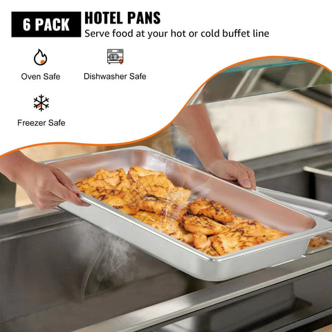 Six Pack Full Size Stainless Steel Steam Table Pans 2.5 Inch Deep Built For Big Batches Anti Jam Commercial Food Pans in use with cooked food.