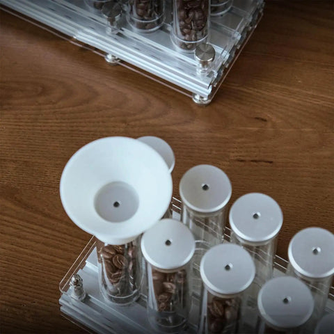 Premium Coffee Bean Storage Tubes With Display Stand And One Way Valve To Keep Your Daily Grind Sealed Tight And Locks In Maximum Freshness For Every Bold Morning Cup You Crave with glass tubes and funnel.