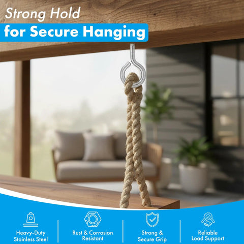 Beefy Stainless Steel Screw Eyes Set Of Three Heavy Duty Eye Bolts installed, holding rope on wood project indoors.