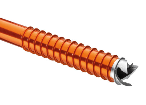 Close-up of Laser Speed Light Ice Screw With Integrated Crank, ultralight aluminum body, 13 cm, ideal for quick ice placements.