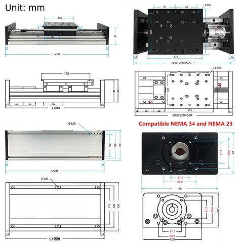 Heavy Duty CNC Linear Stage With 12 Inch Stroke And 300mm Travel 2005 Ballscrew Four Slide Double Rail 550 Lb Load 250 Kg Linear Table For Nema23 57mm And Nema34 86mm Stepper Motors, dimensioned drawing