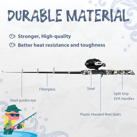 Kids Telescopic Fishing Pole Kit For Beginners with fiberglass and steel materials, featuring split grip EVA handle and reel seats.
