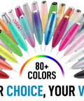 Assorted colorful pens arranged in a semicircle with '80+ Colors, Your Choice, Your Voice' text in the center.