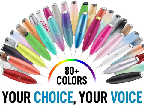 Assorted colorful pens arranged in a semicircle with '80+ Colors, Your Choice, Your Voice' text in the center.