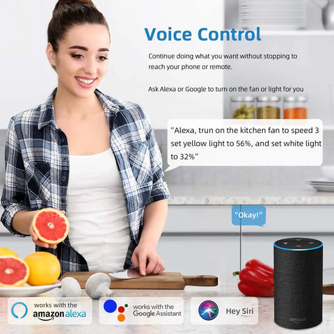 Woman using 36 Inch Smart Retractable Ceiling Fan With Bluetooth Speaker For Kids Room via voice control with Alexa and Google Home.
