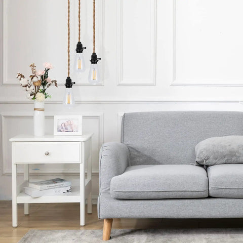 UL Listed E26 Light Socket With On Off Switch in a modern living room setting with grey sofa and hanging lamps