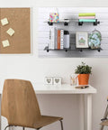Office with wall-mounted shelves using 10 Piece Slat Wall Faceout Hooks Set Includes 12 Inch Metal Square Straight Arm Slat Wall Hooks And Hangers For Clothing Retail Display Great For Garage Shop Organization Durable Black Finish displaying decorative items.