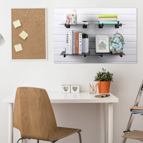Office with wall-mounted shelves using 10 Piece Slat Wall Faceout Hooks Set Includes 12 Inch Metal Square Straight Arm Slat Wall Hooks And Hangers For Clothing Retail Display Great For Garage Shop Organization Durable Black Finish displaying decorative items.