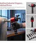 Huge Deal Cordless Drill Rivet Nut Tool Adapter Kit With Quick Change Nutsert Set For Metalworking And Automotive DIY Projects That Make Heavy Jobs Super Easy, red metal adapter with mandrel and handle, shown in use