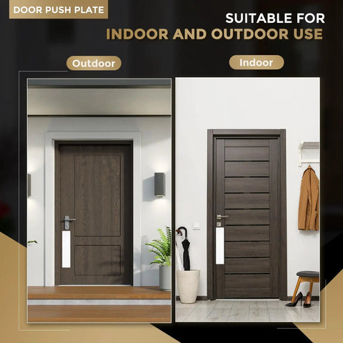Tough As Nails Door Push Plate With Kickproof Reinforcement And Tight Security Guard For Main Entrance Protection Clean White Finish mounted on wooden doors for indoor and outdoor use.