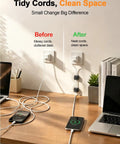 Comparison of desk with messy cables and desk using 8 Pack Cord Organizer Holders With Strong Adhesive Magnetic Cable Management.