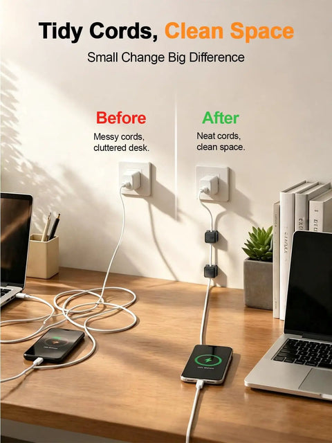 Comparison of desk with messy cables and desk using 8 Pack Cord Organizer Holders With Strong Adhesive Magnetic Cable Management.