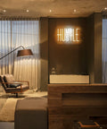 Dope Hustle Neon Sign USB Powered Wall Decor with dimmer, adjustable brightness, yellow and white LED in modern living room.