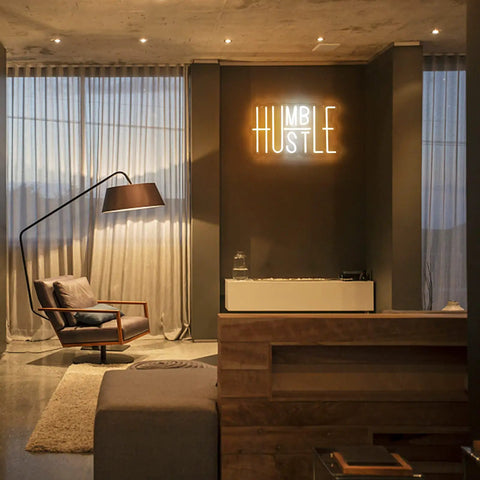 Dope Hustle Neon Sign USB Powered Wall Decor with dimmer, adjustable brightness, yellow and white LED in modern living room.