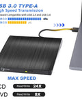 External CD DVD Drive for Laptop USB 3.0 Portable CD DVD Player High Speed Writer 8x DVDR 24x CDR Slick Performance Plug and Play Ready With Windows and Mac OS Black, USB cable connected to laptop