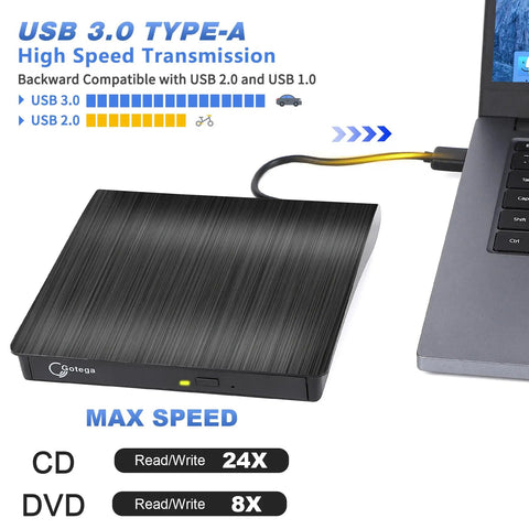 External CD DVD Drive for Laptop USB 3.0 Portable CD DVD Player High Speed Writer 8x DVDR 24x CDR Slick Performance Plug and Play Ready With Windows and Mac OS Black, USB cable connected to laptop