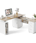 L Shaped Electric Standing Desk With Light Walnut Finish Built In File Cabinet And Spacious Shelving Height Adjustable Ergonomic Corner Workstation Reversible Layout Smooth Push Button Lift System That Gives Your Home Office Boss Level Flex with white drawers and lamp.