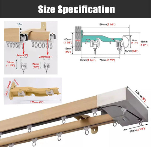Wood Grain Curtain Rods With Snag Free Double Track Sliding Rail System For Windows Heavy Duty Aluminum Curtain Pole For Privacy Or Space Dividing Adjustable 4 To 16 Ft Wall Divider Track size chart with wall mount dimensions