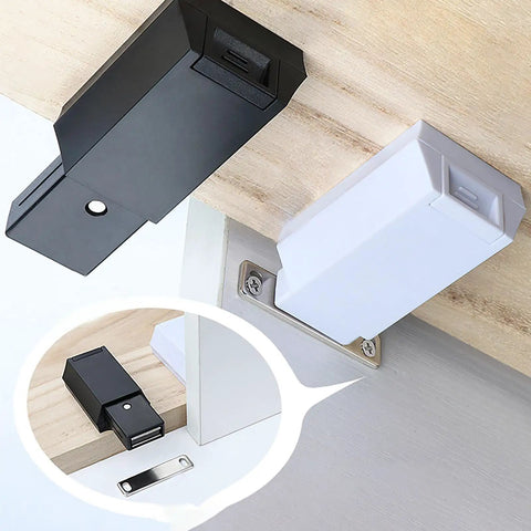 Invisible Push To Open Cabinet Latches For Modern Kitchen And Bathroom Drawers in black and white on wood surface.