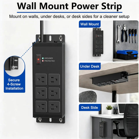 Heavy Duty Surge Protector Power Strip With 6 Outlets 2500J Surge 15A 1875W 4Ft Cord 14AWG Flat Plug Metal Build Built Tough For Kitchen Workshop Garage And Office Black, shown mounted on wall, under desk, and desk side