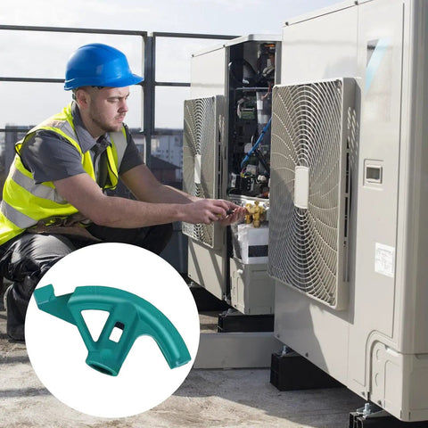 Heavy Duty Manual Hydraulic Pipe Bender For Iron PVC Copper Tubing used by worker on rooftop in front of large HVAC units.