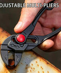 4-Inch Carbon Steel Grooved Adjustable Plumbing Pliers With Quick Jaw Adjustment, Rust-Resistant Electroplated Finish, Your Go-To Tool For Pipe Repairs, Home Fixes, And Auto Maintenance, shown gripping a pipe