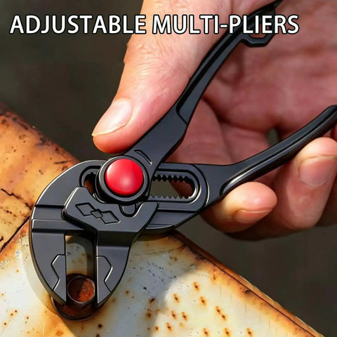 4-Inch Carbon Steel Grooved Adjustable Plumbing Pliers With Quick Jaw Adjustment, Rust-Resistant Electroplated Finish, Your Go-To Tool For Pipe Repairs, Home Fixes, And Auto Maintenance, shown gripping a pipe