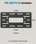 Universal Front License Plate Holder Bracket Kit With Copper Threaded Inserts Stainless Steel Zip Ties And JDM To US Adapter For Bumpers Two Or Four Hole Mount Easy Front Plate Installation dimensions and features.