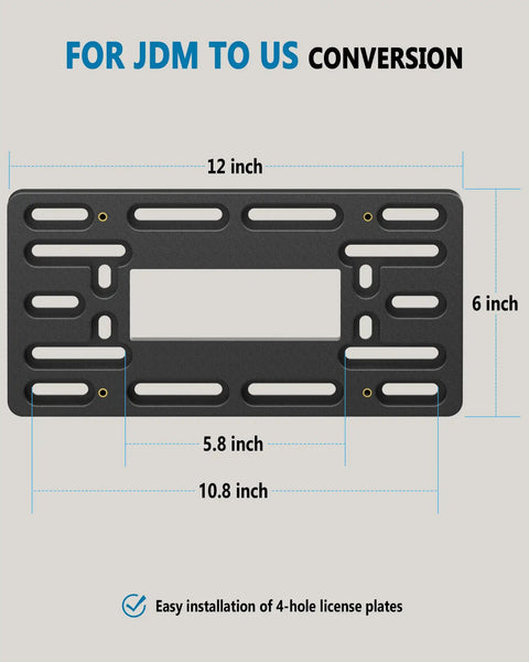 Universal Front License Plate Holder Bracket Kit With Copper Threaded Inserts Stainless Steel Zip Ties And JDM To US Adapter For Bumpers Two Or Four Hole Mount Easy Front Plate Installation dimensions and features.