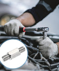 Stainless steel double-ended stud nut in use; mechanic tightens with a ratchet under the hood.