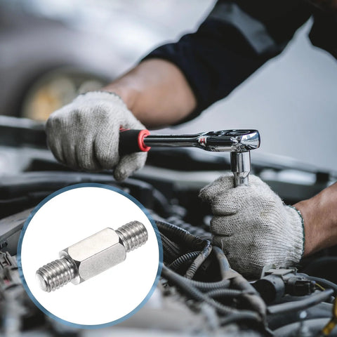 Stainless steel double-ended stud nut in use; mechanic tightens with a ratchet under the hood.