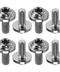 Dope Build Grade Five Titanium Bottle Cage Bolts M5 By 12 Millimeter T25 Torx Hella Lightweight Cycling Hardware Slick Bike 8 Pack Kit Built Tough Trail Ready, eight titanium screws arranged, showing detailed design.