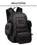 Compact 10L Tactical Daypack With MOLLE System in black, showing front view with attached pouches, lightweight and weather resistant.