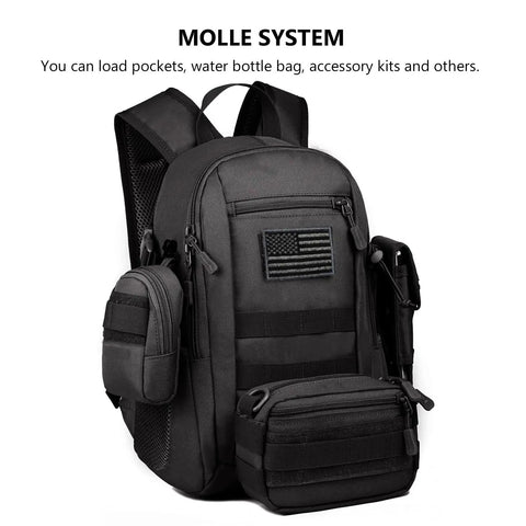 Compact 10L Tactical Daypack With MOLLE System in black, showing front view with attached pouches, lightweight and weather resistant.