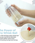All In One Pancake Batter Dispenser With BlenderBall and Wire Whisk in use, clear container with batter being mixed and poured