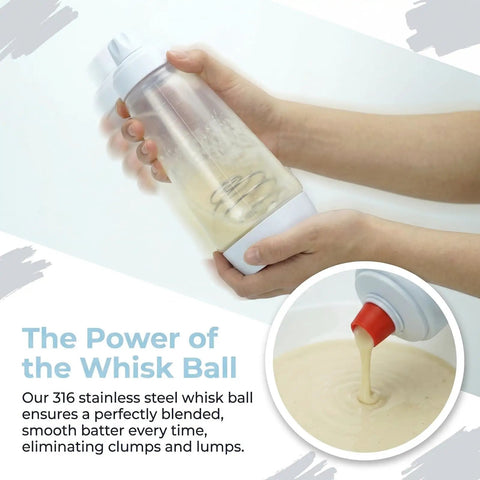 All In One Pancake Batter Dispenser With BlenderBall and Wire Whisk in use, clear container with batter being mixed and poured