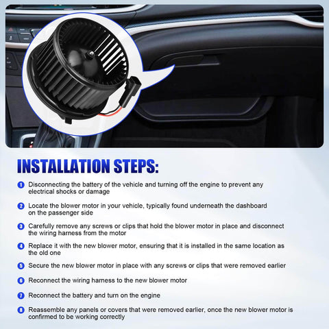 Installation steps for Front HVAC Blower Motor With Fan Replacement For 2007 2014 Chevy Silverado 1500 2500 3500 Suburban Tahoe Avalanche GMC Sierra Yukon Cadillac Escalade Easy Install Direct Swap