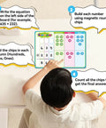 Child using Hands On Wooden Magnetic Place Value Blocks For Kids With Regrouping Base Ten Chips for addition on magnetic board
