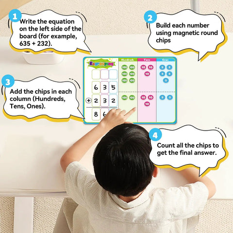 Child using Hands On Wooden Magnetic Place Value Blocks For Kids With Regrouping Base Ten Chips for addition on magnetic board