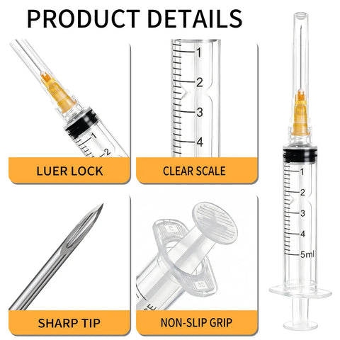 5ml Luer Lock Syringe Set With 25G 1 Inch Needle Individually Blister Sealed Pack Of 20 Durable Plastic Body Sterile Lab Supplies For Research And Craft Projects Not For Medical Use, clear scale and sharp tip