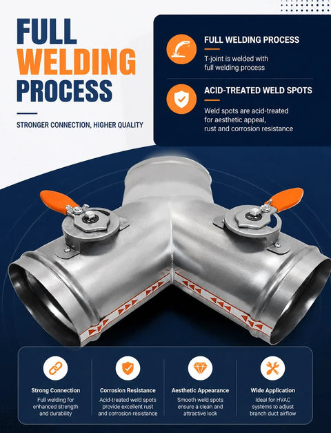 Premium Stainless Steel Air Duct Damper Featuring A Sharp Three Way Adjustable Backdraft Valve For Zero Sweat Exhaust Fan Ventilation And Pro Level Hvac Setup, showcasing full welding process with T-joint.
