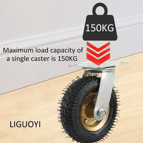 Two Pack Heavy Duty Inflatable Rubber Swivel Casters Silent Gliding Wheels showing a caster with a maximum load of 150KG.
