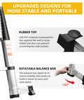 Twelve Point Five Foot One Button Retraction Telescoping Ladder rubber top and balance bar detail for stability and portability