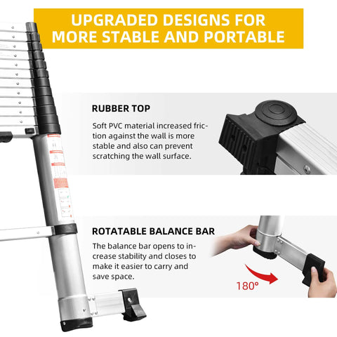 Twelve Point Five Foot One Button Retraction Telescoping Ladder rubber top and balance bar detail for stability and portability