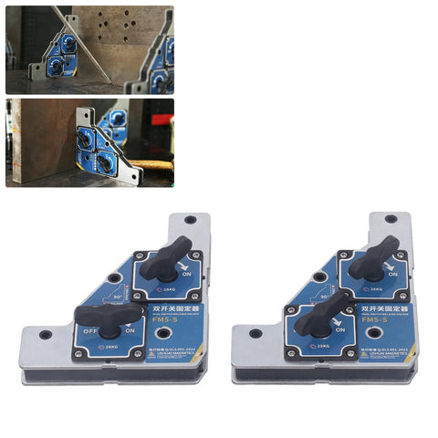 Welding magnets set (2 pcs) with blue 28kg-rated holders, on/off switches, 90-degree fixtures
