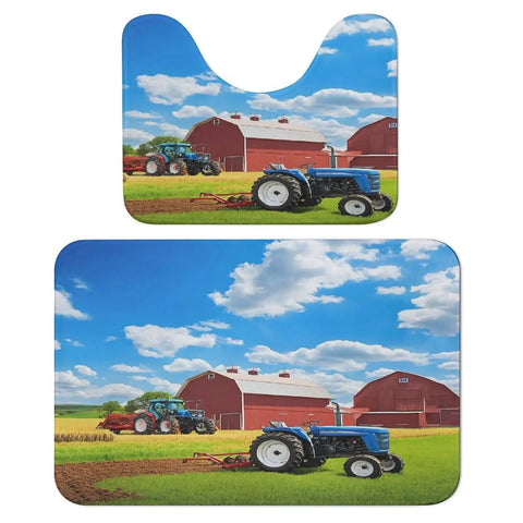 Farm Tractor Print Bath Rug Set 2 Piece Non Slip U Shaped Contour Toilet Mat And Plush Bath Mats showing blue tractor in field
